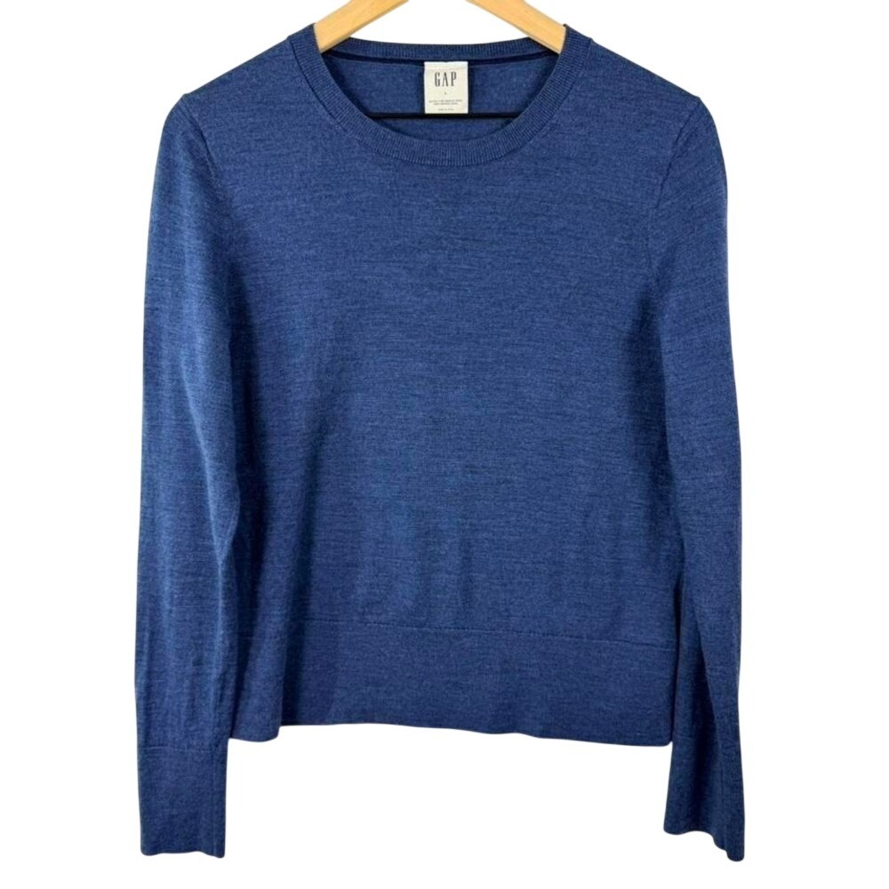 GAP Extra Fine Merino Wool Crewneck Sweater Blue Heather Long Sleeve Womens L